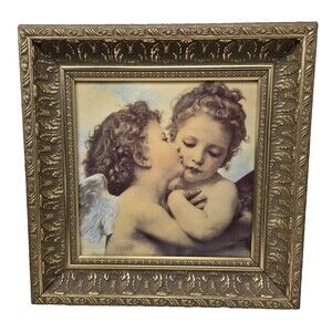 Vintage First Kiss William Bouguereau Cherub Print In Ornate Gold Frame 14 x 14"
